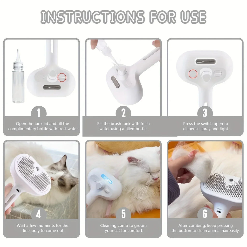 Rechargeable Steam-Spray Pet Grooming Comb — Foldable Dematting Brush & Hair Remover for Cats & Dogs